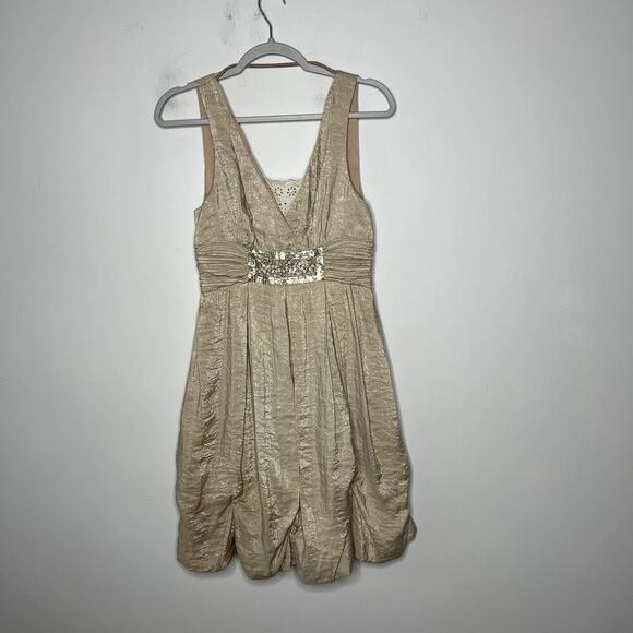 BCBG Max Azria Party Dress 6 Gold Silk Blend Metallic Sequin Waist Balloon Hem - Picture 2 of 12
